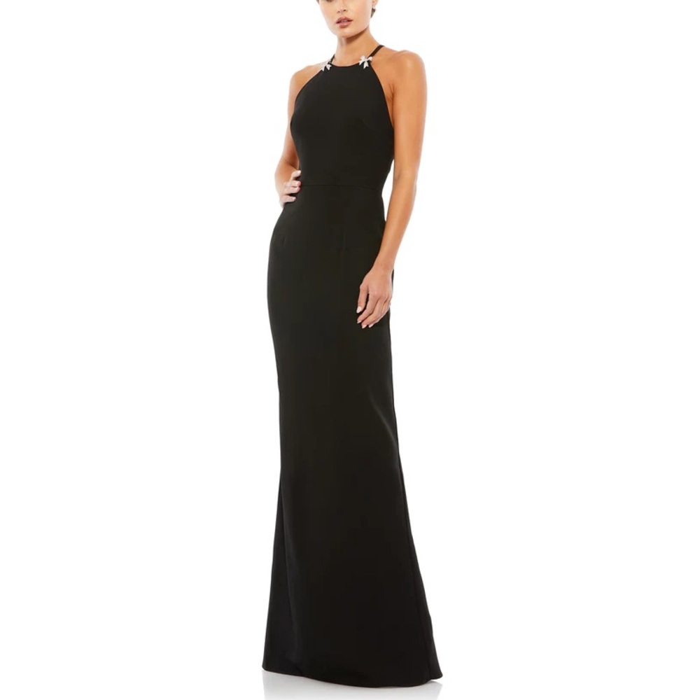 NWT Ieena for Mac Duggal 26618 Black Bow Halter Criss-Cross Column Gown - Sz 2